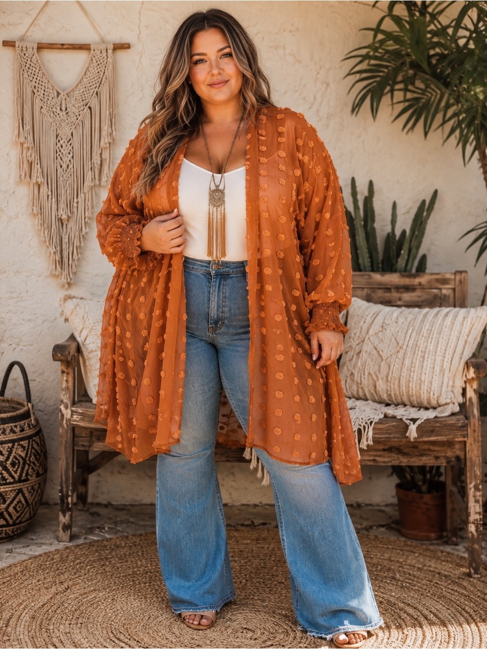 Rust Orange Textured Dot Kimono Sweater